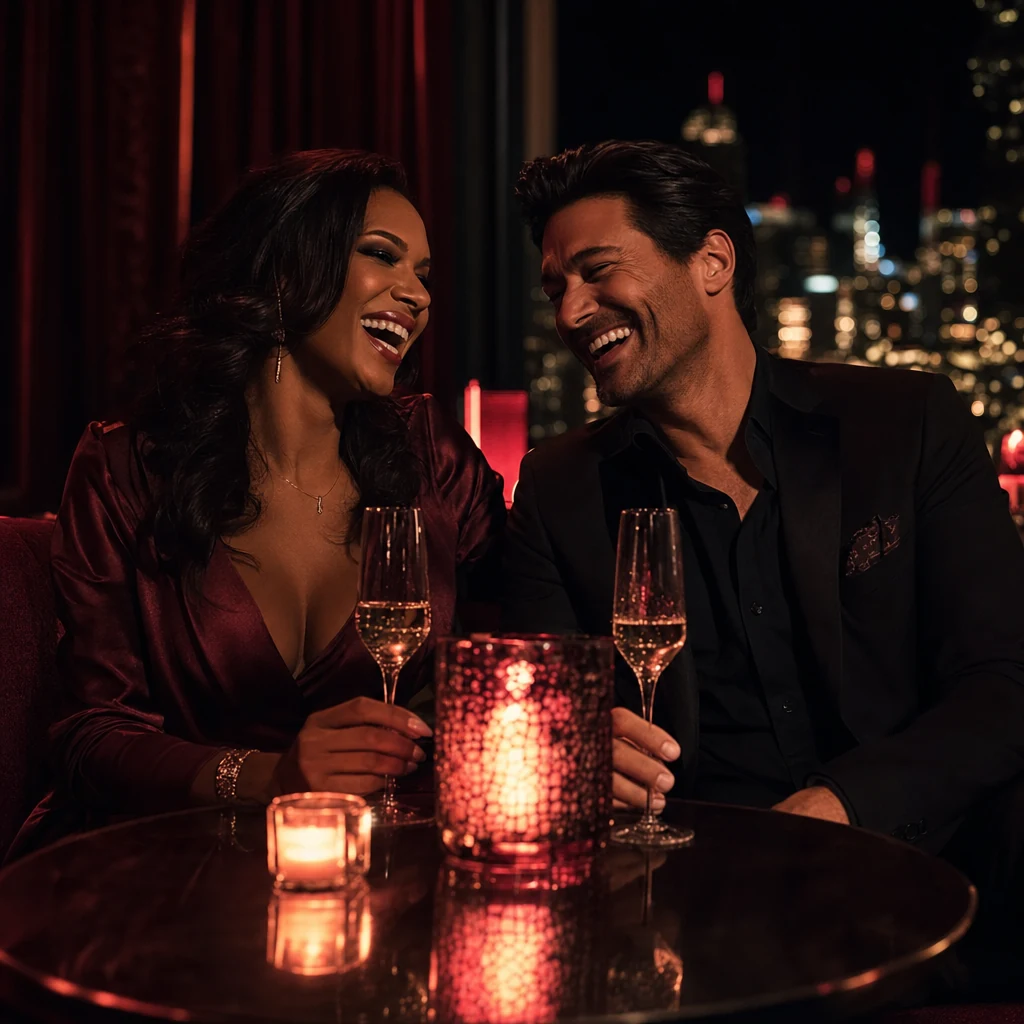 Trans woman and admirer sharing a secretive laugh in a velvet lounge